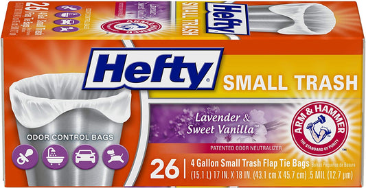 Hefty Small Garbage Bags, Flap Tie, Lavender & Sweet Vanilla Scent, 4 Gallon, 26 Count