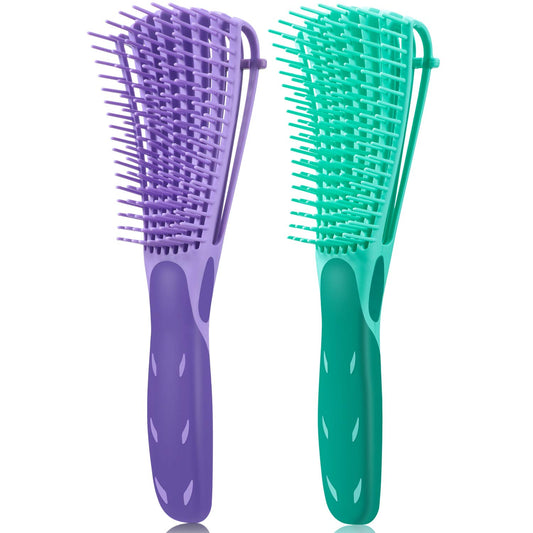 2 Pack Detangling Brush for Curly Hair, Ez Detangler Brush Hair Detangler, Afro Textured 3A to 4C Kinky Wavy for Wet/Dry/Long Thick Curly Hair, Exfoliating for Shiny Curls (Green, Purple)