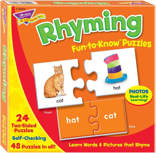 TREND ENTERPRISES: Fun-To-Know Puzzles: Rhyming, Learn Words & Pictures That Rhyme, 24 Two-Sided Puzzles, Self-Checking, 48 Puzzles Total, for Ages 3 and Up