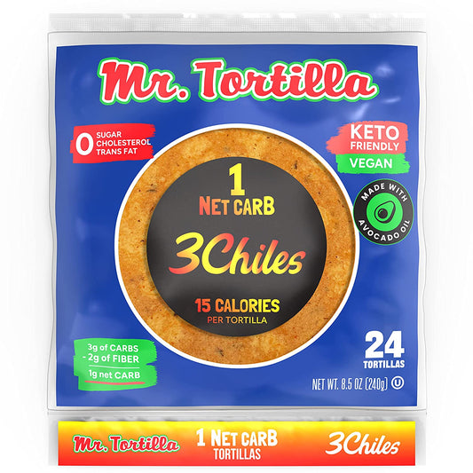 - Low Carb Tortillas – 15 Calorie Keto Soft Taco Shells for Wraps, Quesadillas & Tostadas - Healthy Vegan Tortilla Wraps with No Cholesterol - Low on Calories & Fat (Spicy 3 Chiles, 24 Count (Pack of 1))