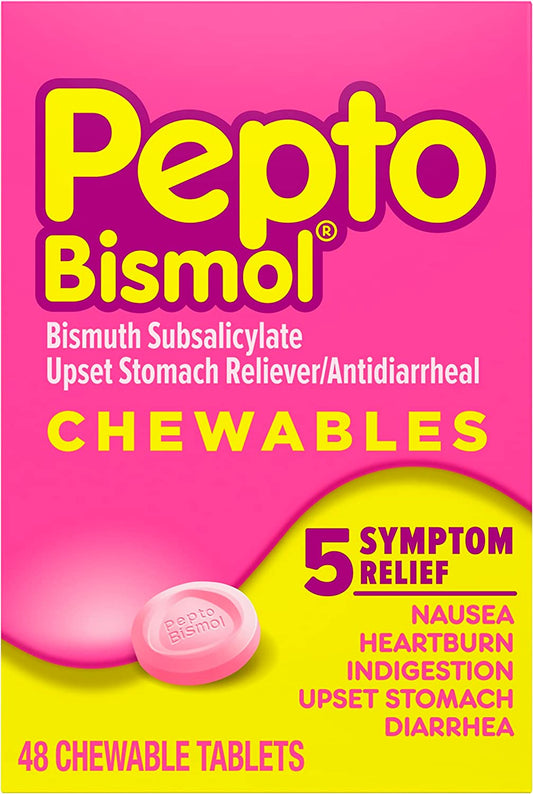 Pepto Bismol Chewables, Upset Stomach Relief, Bismuth Subsalicylate, Multi-Symptom Relief of Gas, Nausea, Heartburn, Indigestion, Upset Stomach, Diarrhea, 48 Chewable Tablets