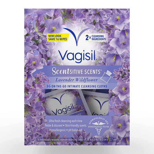 Vagisil Scentsitive Scents On-The-Go Feminine Cleansing Wipes, Ph Balanced, Lavender Wildflower, Individually Wrapped, 16 Count (Pack of 1)