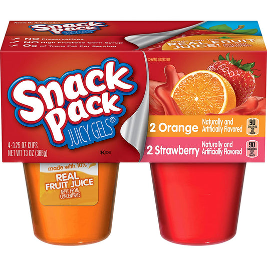 Snack Pack Juicy Gels Strawberry and Orange, 4 Cups of 3.25 Oz. Each, Total 13 Ounce