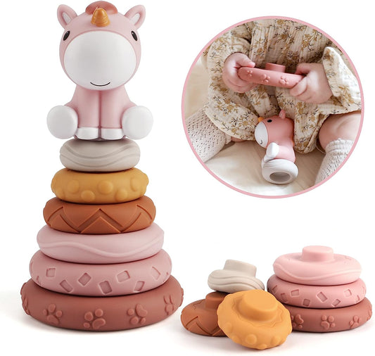 Nueplay 7 Pcs Stacking & Nesting Baby Toys, Squeeze Teething Baby Toys and Building Circle with Pink Horse Figure, Newborn Essentials for 6 12 18 Months Baby Toddler Girls