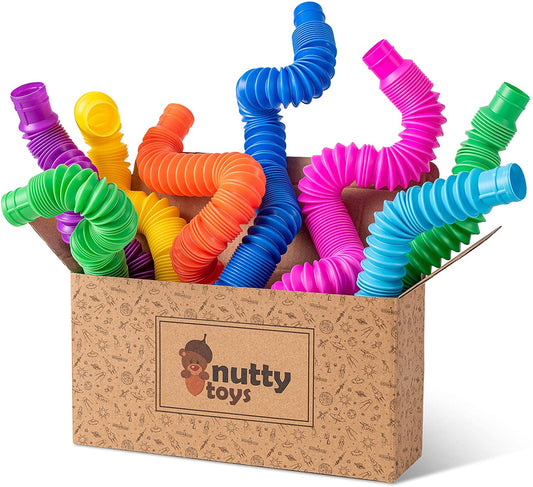 Nutty Toys 8Pk Pop Tubes Sensory Toys (Large) Fine Motor Skills Learning Toddler Toy for Kids Top ADHD Autism Fidget 2023 Best Toddler Travel Toy Gifts Idea Unique Christmas Boy Girl Stocking Stuffers