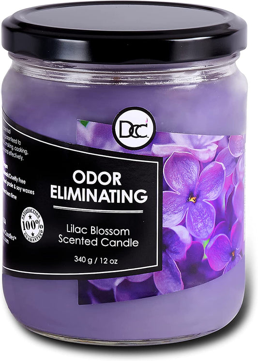 Lilac Blossom Odor Eliminating Highly Fragranced Candle - Eliminates 95% of Pet, Smoke, Food, and Other Smells Quickly - up to 80 Hour Burn Time - 12 Ounce Premium Soy Blend