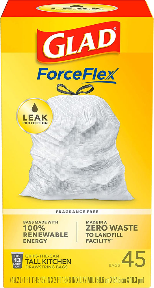 Forceflex Tall Kitchen Drawstring Trash Bags, 13 Gallon, 45 Count (Package May Vary)