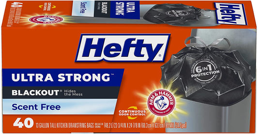 Hefty Ultra Strong Tall Kitchen Trash Bags, Blackout, Unscented, 13 Gallon, 40 Count