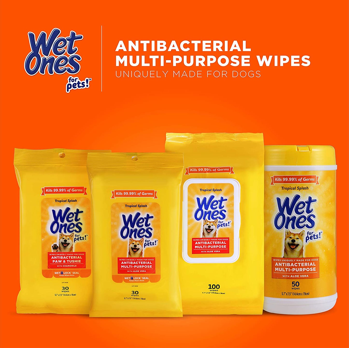 Wet Ones for Pets Multi-Purpose Dog Wipes with Aloe Vera | Dog Wipes for All Dogs in Tropical Splash, Wipes for Paws & All Purpose | 50 Ct Cannister Dog Wipes