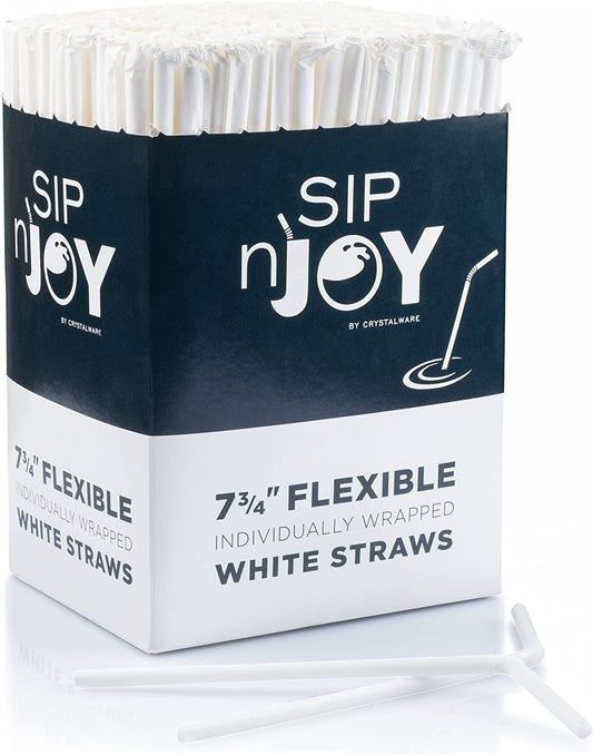 Crystalware Bulk Pack of 380 Flexible Plastic Drinking Straws - White, Individually Wrapped, Food-Safe BPA Free, 7.75 Inches Long (1 Box)