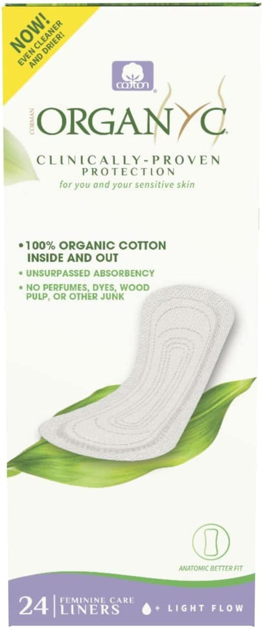 Organyc 100% Certified Organic Cotton Flat Panty Liner - Everyday Sanitary Pad, Free from Wood Pulp, Perfumes, SAP and Chemicals - Light Flow+, 24 Count