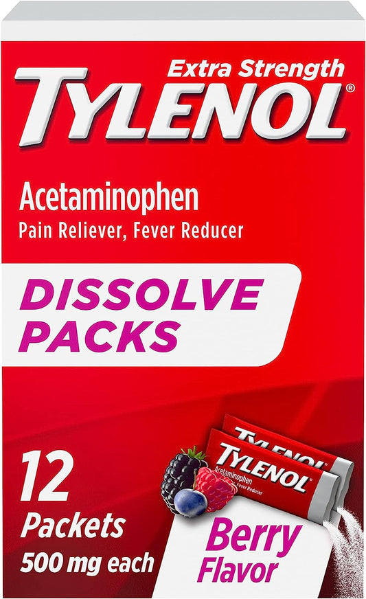 Tylenol Extra Strength Dissolve Packs, 500 Mg Acetaminophen Pain Reliever & Fever Reducer, On-The-Go Powder Packets for Minor Aches & Pains, Ibuprofen- & Aspirin-Free, Berry Flavor, 12 Ct