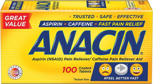 Anacin Fast Pain Relief, Aspirin + Caffeine Pain Reliever, 100 Coated Tablets