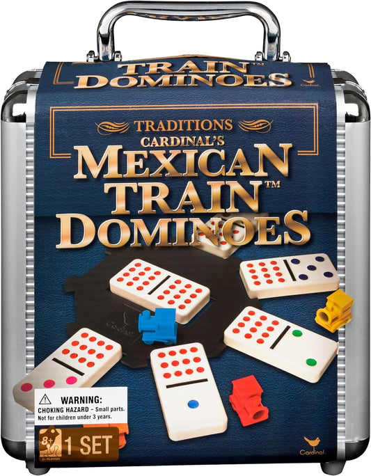 Mexican Train Dominoes Set Tile Board Game in Aluminum Carry Case Games with Colorful Trains for Family Game Night, for Adults and Kids Ages 8 and Up