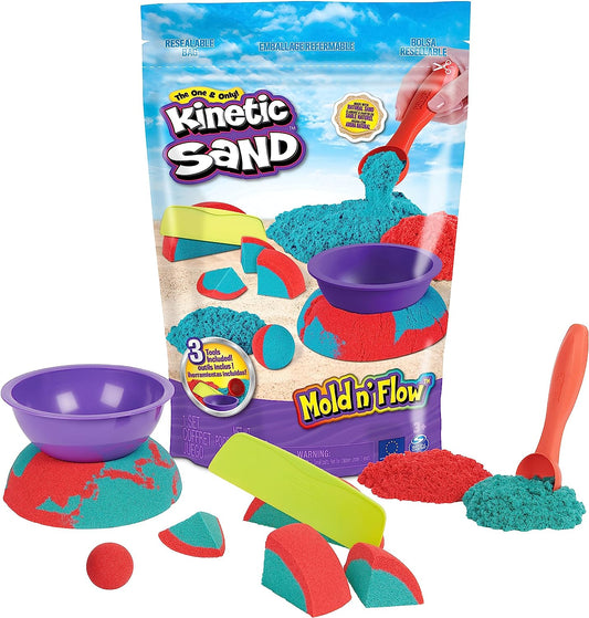 Kinetic Sand Mold N’ Flow, 1.5Lbs Red and Teal Play Sand, 3 Tools Sensory Toys, Stocking Stuffers & Christmas Gifts for Kids Ages 3+