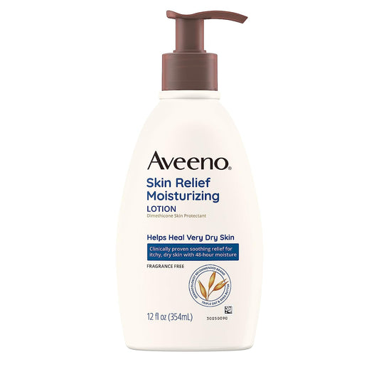 Aveeno Skin Relief 24-Hour Moisturizing Lotion for Sensitive Skin with Natural Shea Butter & Triple Oat Complex, Unscented Therapeutic Lotion for Extra Dry, Itchy Skin, 12 Fl. Oz