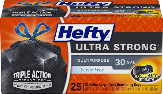 Ultra Strong Multipurpose Large Trash Bags, Black, Unscented, 30 Gallon, 25 Count (Pack of 1)