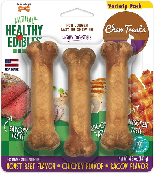 Nylabone Healthy Edibles All-Natural Long Lasting Chew Treats Variety Pack 3 Count Small/Regular