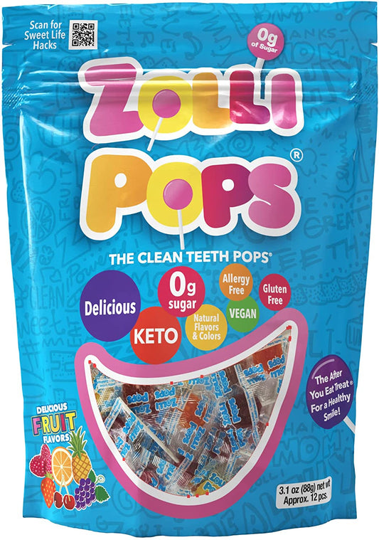 Zollipops Clean Teeth Lollipops - Anticavity Sugar Free Candy for a Healthy Smile Great for Kids, Diabetics and Keto Diet. Natural Fruit Variety, 3.1 Ounce