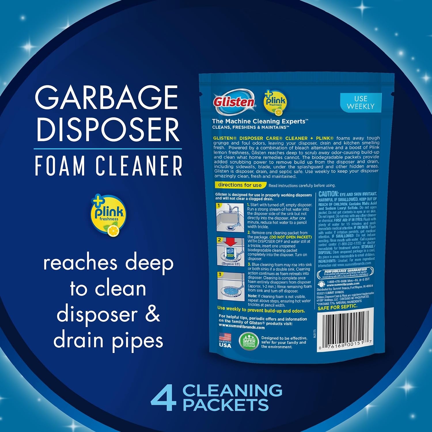 Glisten Garbage Disposer Cleaner and Freshener, Sink Disposal Odor Eliminator with Foaming Action, Deep Cleans and Helps Remove Build-Up in Drain Pipes, Septic-Friendly, Lemon Scent, 4 Packets