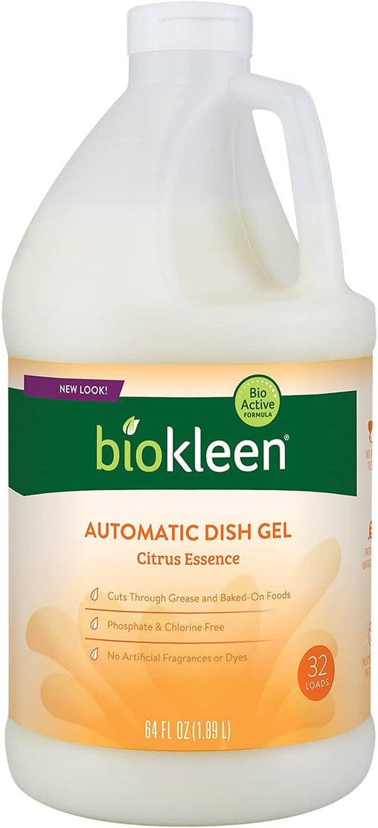Biokleen Automatic Dishwashing Liquid Detergent Gel, Concentrated, Phosphate & Chlorine Free, Non-Toxic, No Artificial Fragrance, Colors or Preservatives, Citrus Essence, 64 Ounces, (00053)