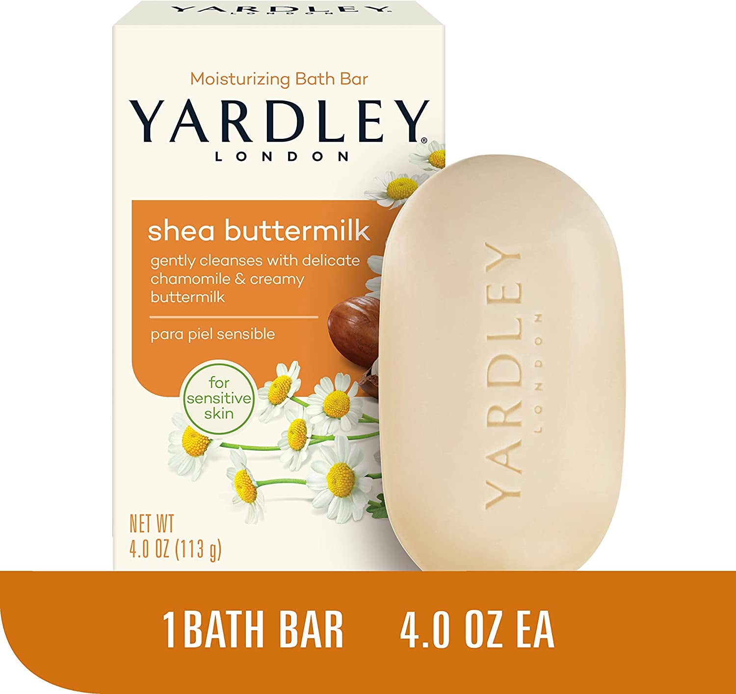 Yardley London Shea Buttermilk Sensitive Skin Naturally Moisturizing Bath Bar, 4 Ounce, 1.5 X 3.75 X 2.5 Inches