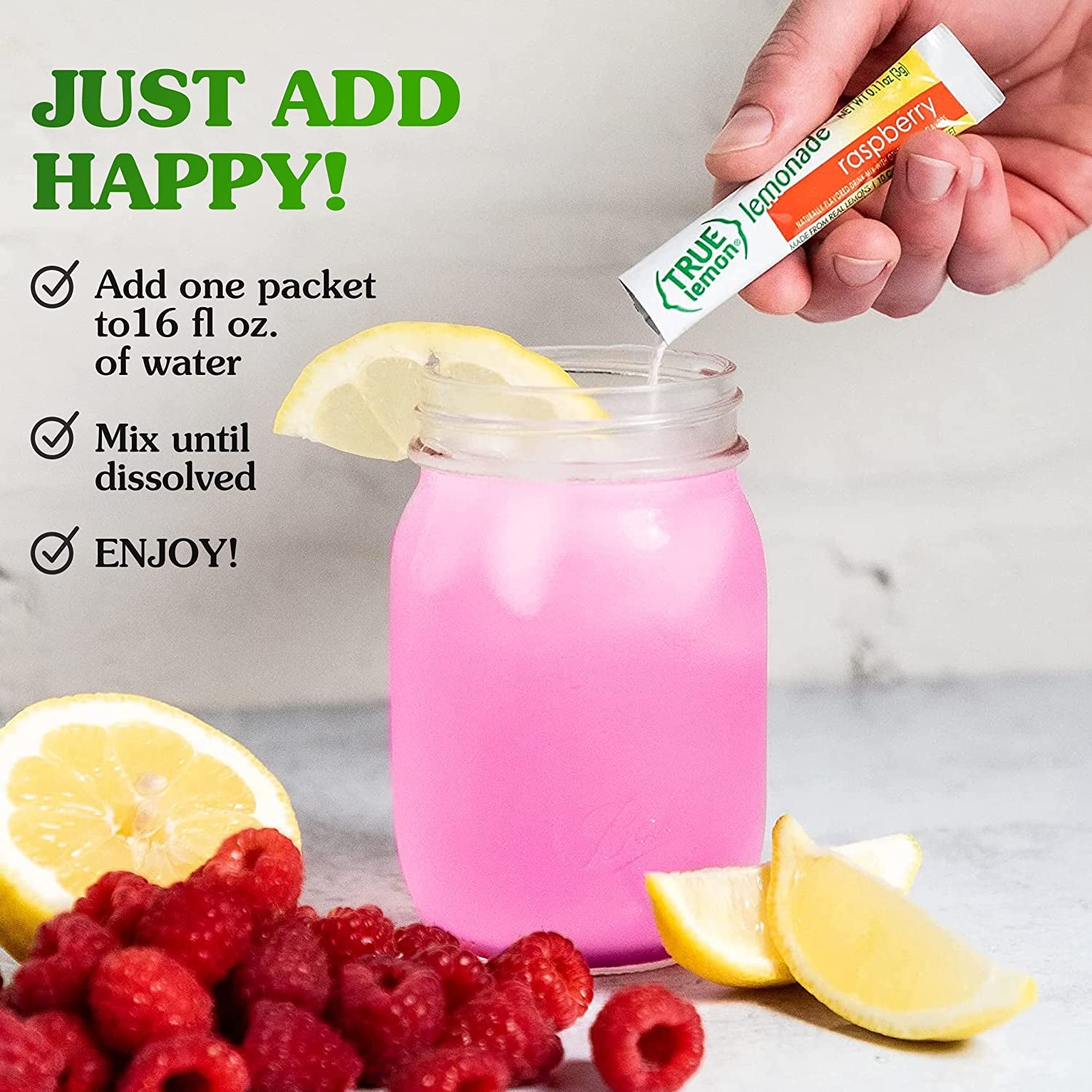 TRUE LEMON Raspberry Lemonade Drink Mix (30 Packets) Made from Real Lemon No Preservatives, No Artificial Sweeteners, Gluten Free Water Flavor Packets & Water Enhancer with Stevia, 3.17 Oz(Pack of 30)