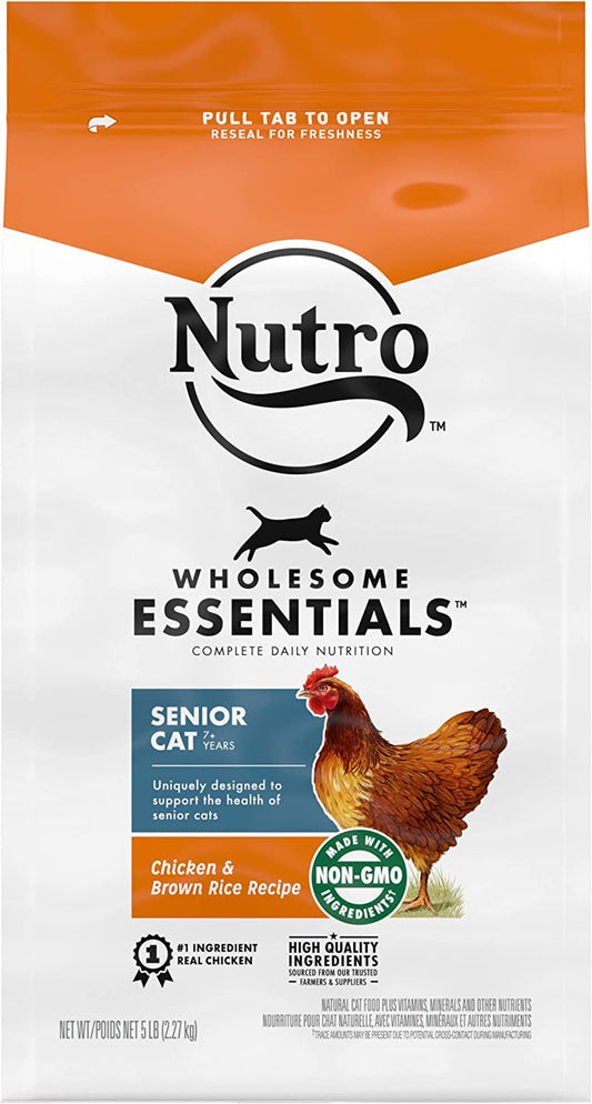 NUTRO WHOLESOME ESSENTIALS Natural Dry Cat Food, Senior Cat Chicken & Brown Rice Recipe , Kibble, 5 Lb. Bag