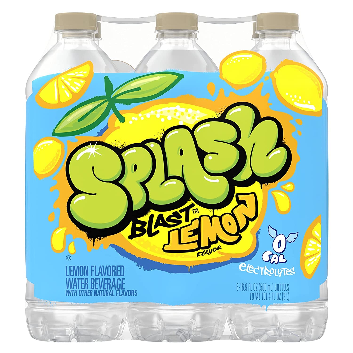 Splash Blast, Flavored Water Beverage, Lemon Flavor, 16.9 Fl Oz Plastic Bottles, 6 Pack