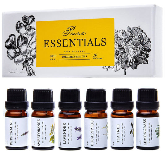 Essential Oils by  100% Pure Oils Kit- Top 6 Aromatherapy Oils Gift Set-6 Pack, 10Ml(Eucalyptus, Lavender, Lemon Grass, Orange, Peppermint, Tea Tree)