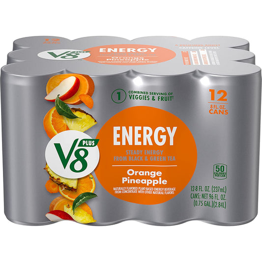 V8 +ENERGY Orange Pineapple Energy Drink, Made with Real Vegetable and Fruit Juices, 8 FL OZ Can (12 Pack)