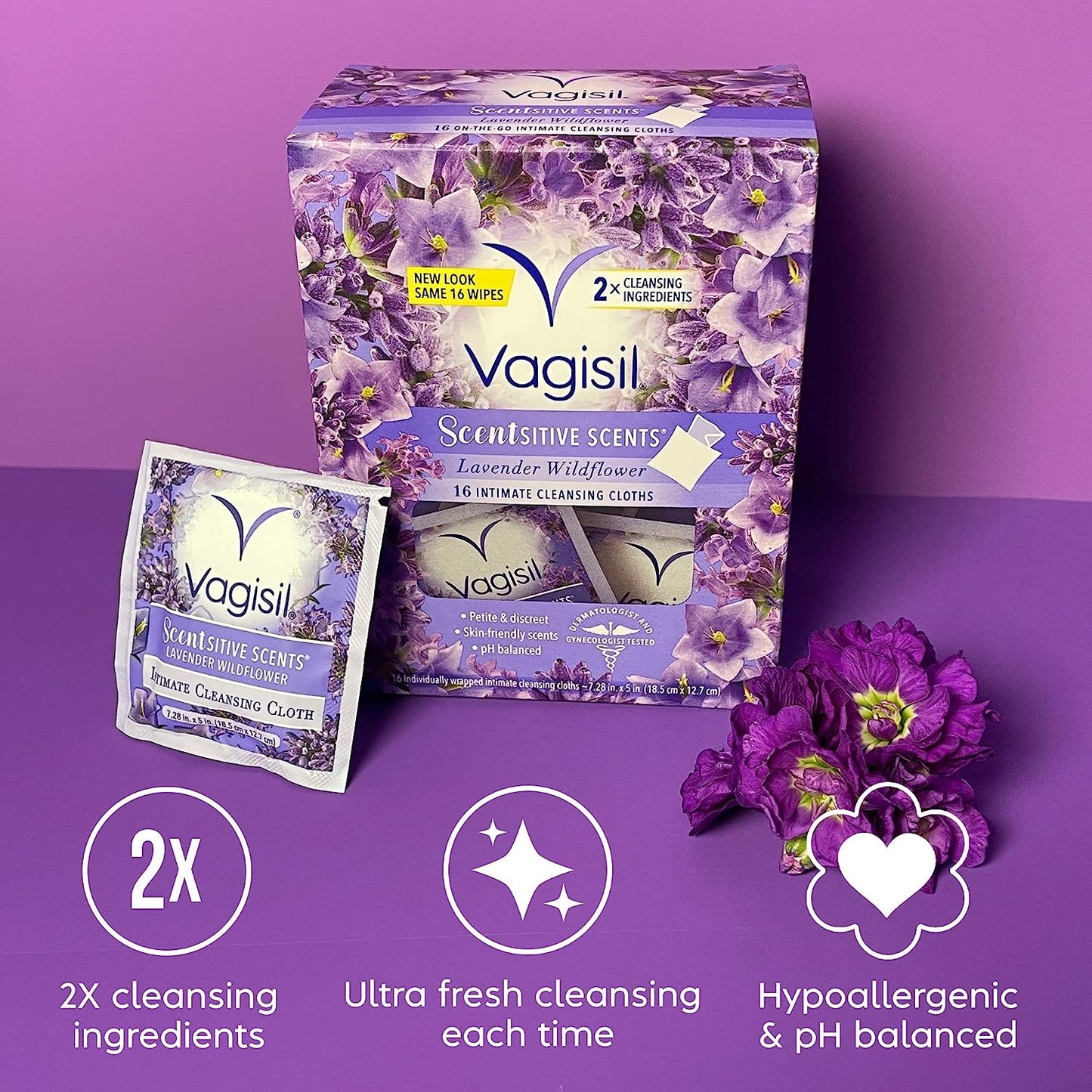 Vagisil Scentsitive Scents On-The-Go Feminine Cleansing Wipes, Ph Balanced, Lavender Wildflower, Individually Wrapped, 16 Count (Pack of 1)