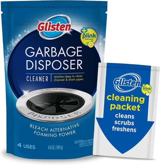 Glisten Garbage Disposer Cleaner and Freshener, Sink Disposal Odor Eliminator with Foaming Action, Deep Cleans and Helps Remove Build-Up in Drain Pipes, Septic-Friendly, Lemon Scent, 4 Packets