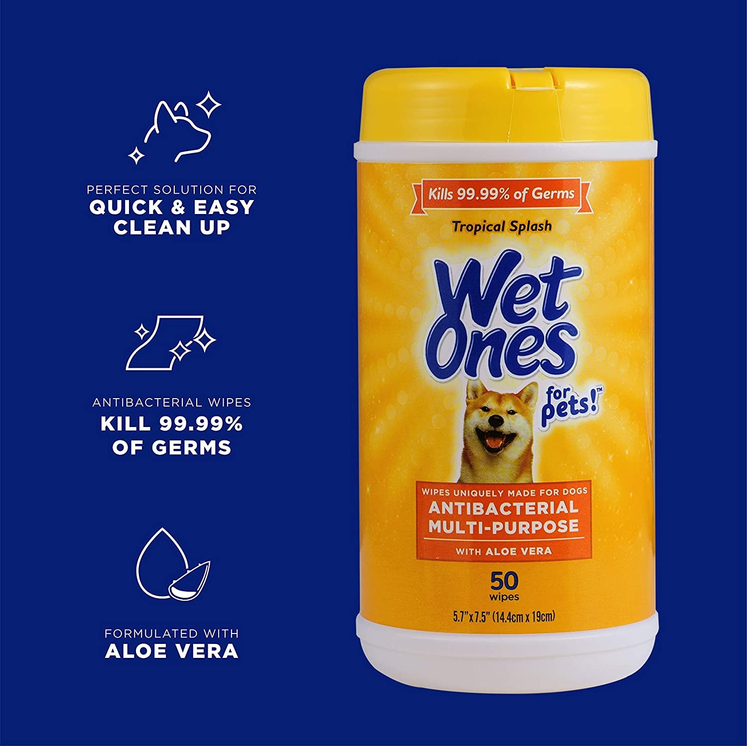Wet Ones for Pets Multi-Purpose Dog Wipes with Aloe Vera | Dog Wipes for All Dogs in Tropical Splash, Wipes for Paws & All Purpose | 50 Ct Cannister Dog Wipes