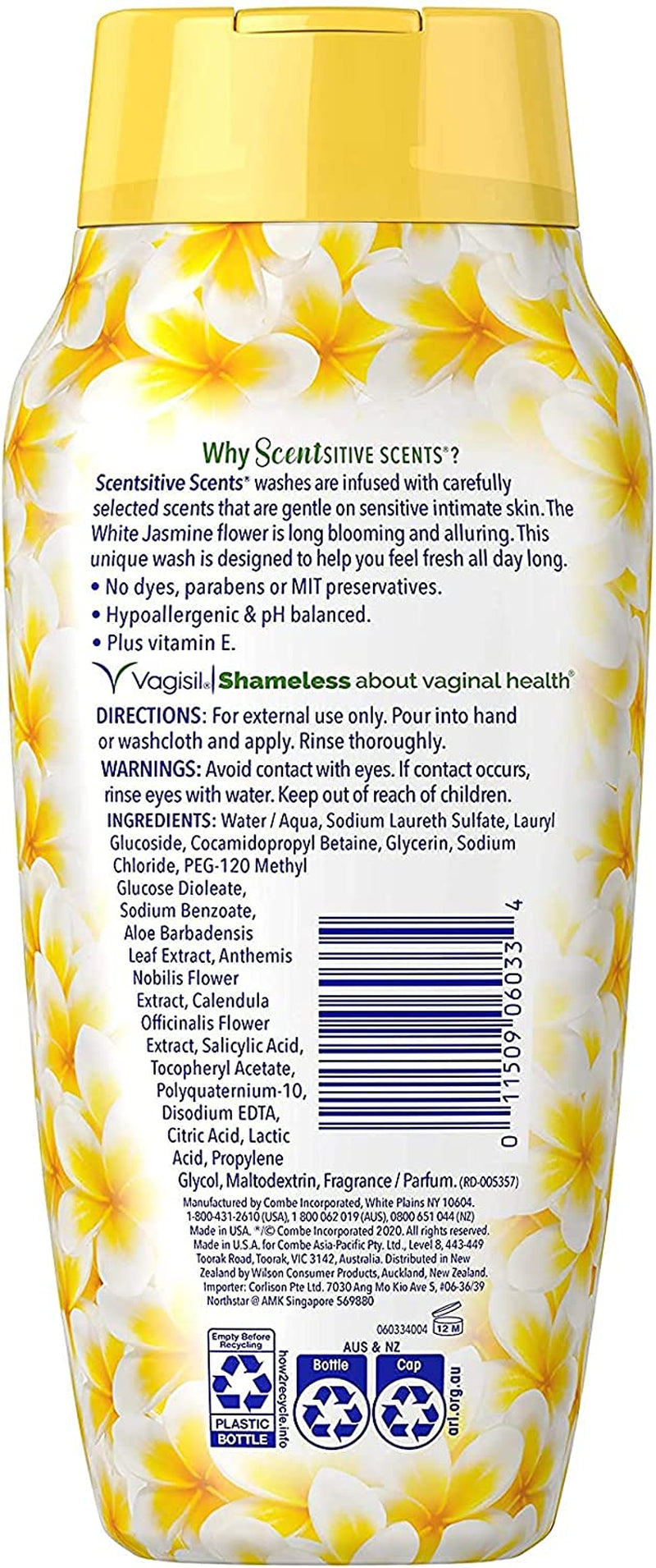 Vagisil Feminine Wash for Intimate Area Hygiene, Scentsitive Scents, Ph Balanced and Gynecologist Tested, White Jasmine, 12 Oz (Pack of 3)