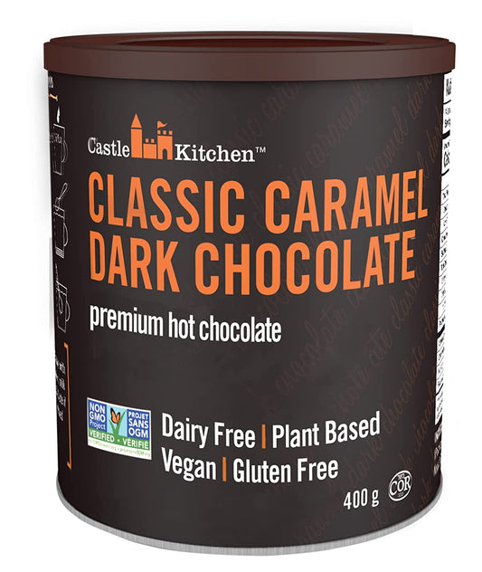 Castle Kitchen Classic Caramel Dark Chocolate Premium Hot Cocoa Mix - Dairy-Free, Vegan, Plant Based, Gluten-Free, Non-Gmo Project Verified, Kosher - Just Add Water - 14 Oz