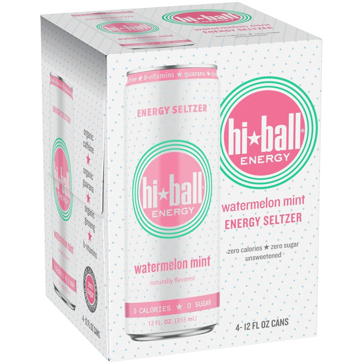 Hiball Energy Seltzer Water, Caffeinated Sparkling Water Made with Vitamin B12 and Vitamin B6, Sugar Free (4 Pack of 12 Fl Oz), Watermelon Mint