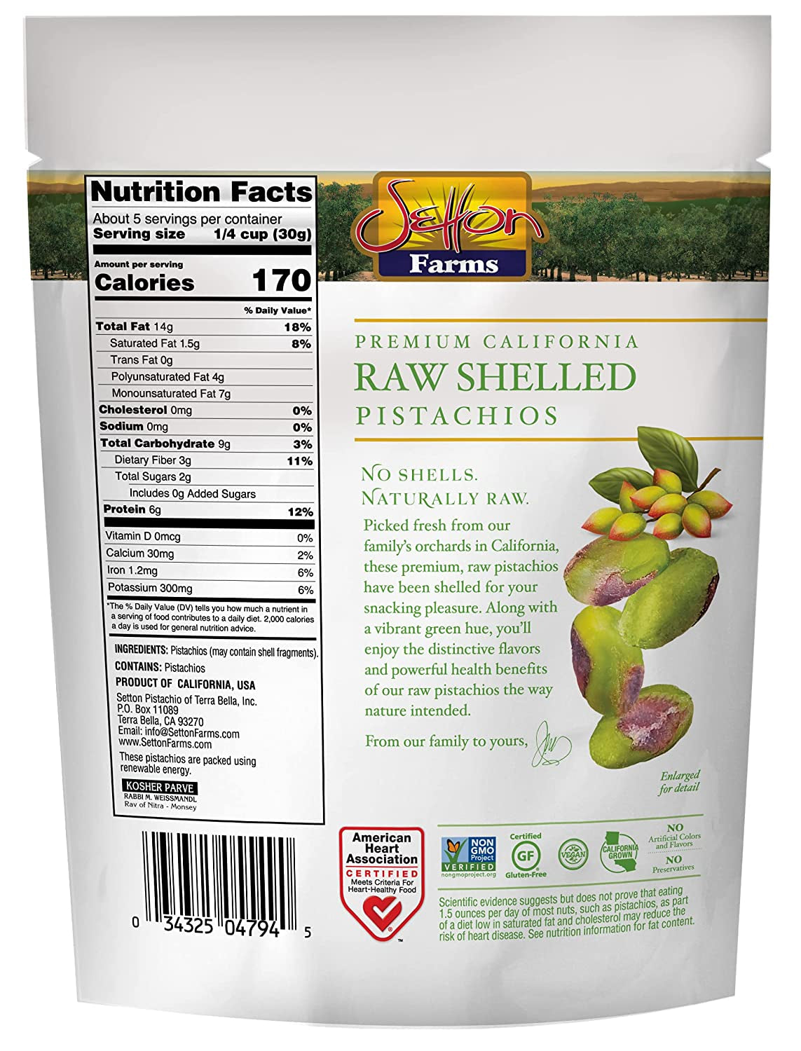 Setton Farms Naturally Raw Shelled Pistachios, No Shell, Non-Gmo Project Verified, Certified Gluten Free, Vegan and Kosher, Heart Healthy Snack, 5 Oz