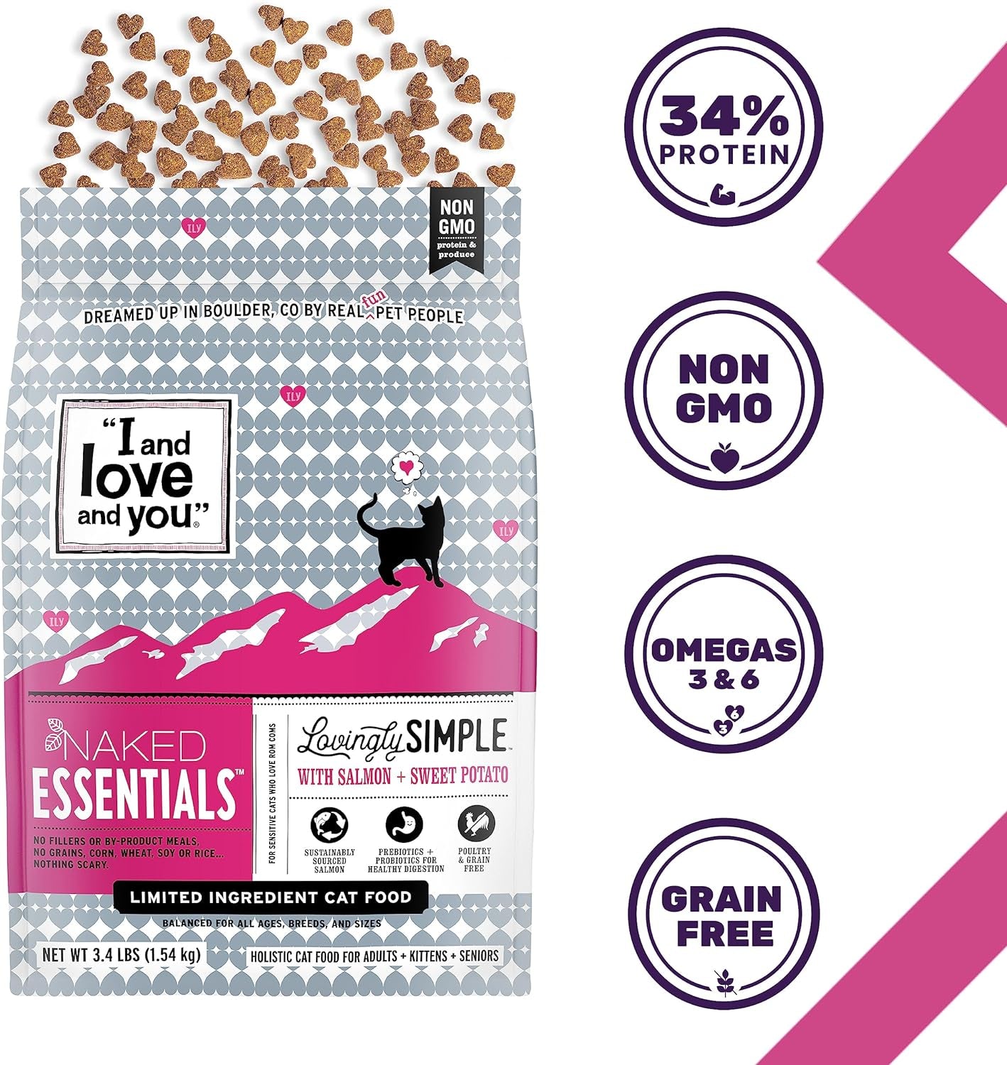 "I and Love and You" Lovingly Simple Dry Cat Food, Salmon and Sweet Potato Recipe, Limited Ingredient Formula, Poultry Free, for Allergies and Healthy Skin, Grain Free, 3.4Lb Bag