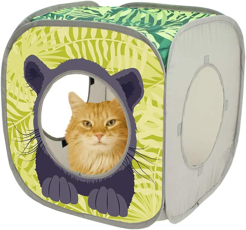 Kitty City Safari Play Cubee, Cat Cube, Play Kennel, Cat Bed, Jungle Cat House, Multicolor, 15 H X15 W Inches