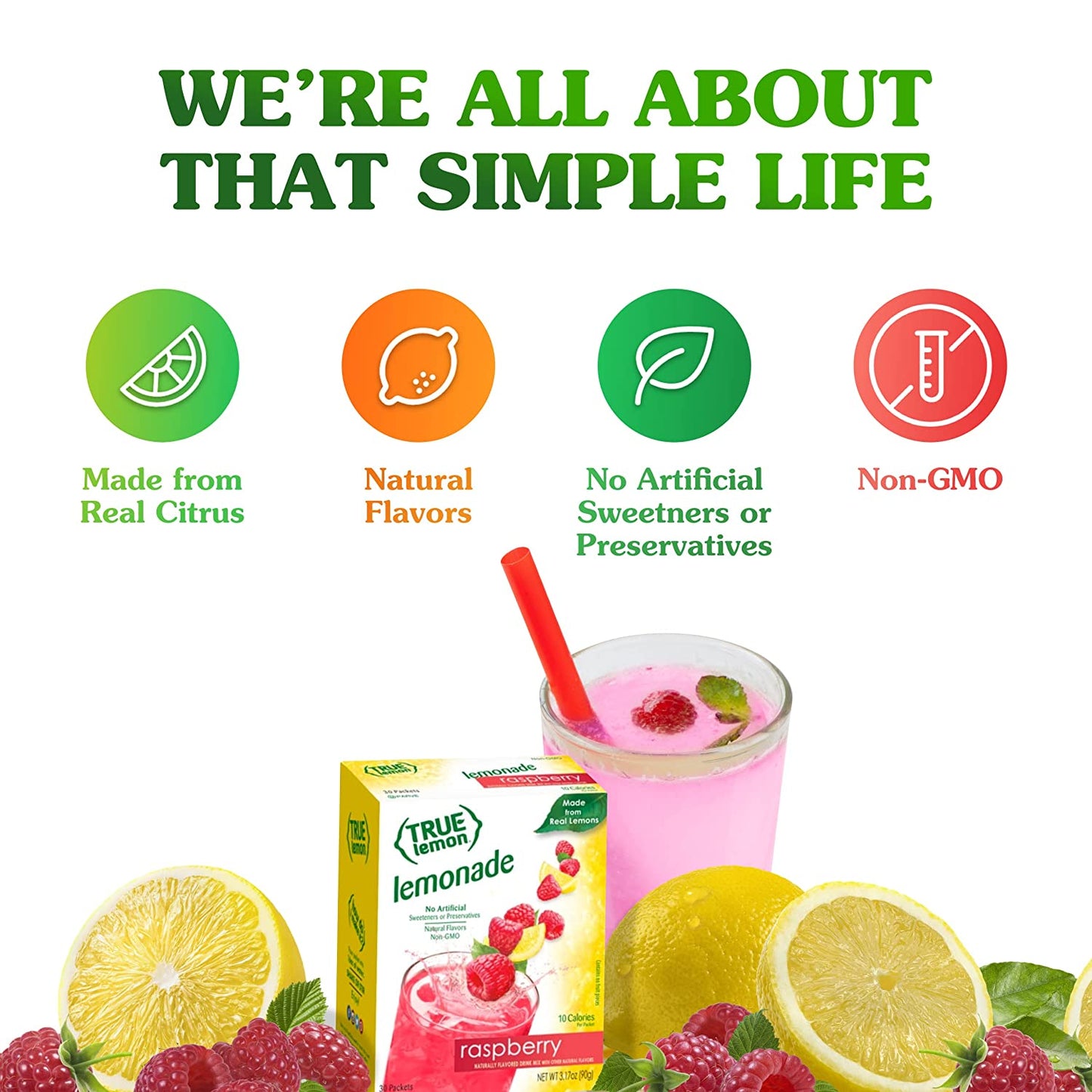 TRUE LEMON Raspberry Lemonade Drink Mix (30 Packets) Made from Real Lemon No Preservatives, No Artificial Sweeteners, Gluten Free Water Flavor Packets & Water Enhancer with Stevia, 3.17 Oz(Pack of 30)