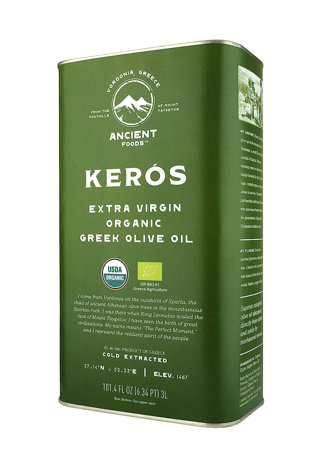 Ancient Foods Keros Greek Organic Extra Virgin Olive Oil – Cold Pressed Olive Oil from Greece, High Phenolic Organic Olive Oil from 1000 Year Old Trees, New Harvest for 2023 (101Oz, 3L)