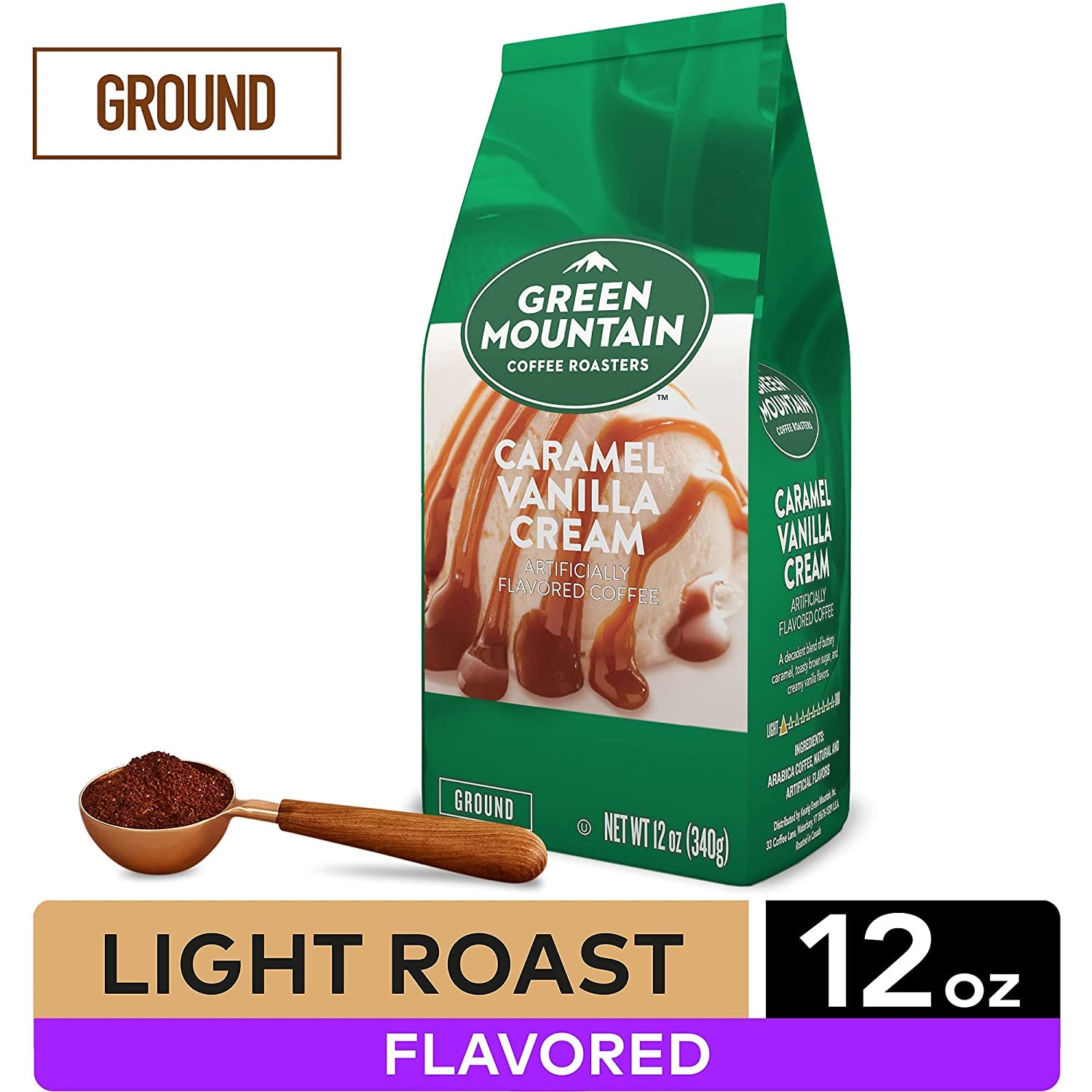 Green Mountain Coffee Roasters, Caramel Vanilla Cream, Ground Flavored Coffee, Light Roast, Bagged 12Oz.