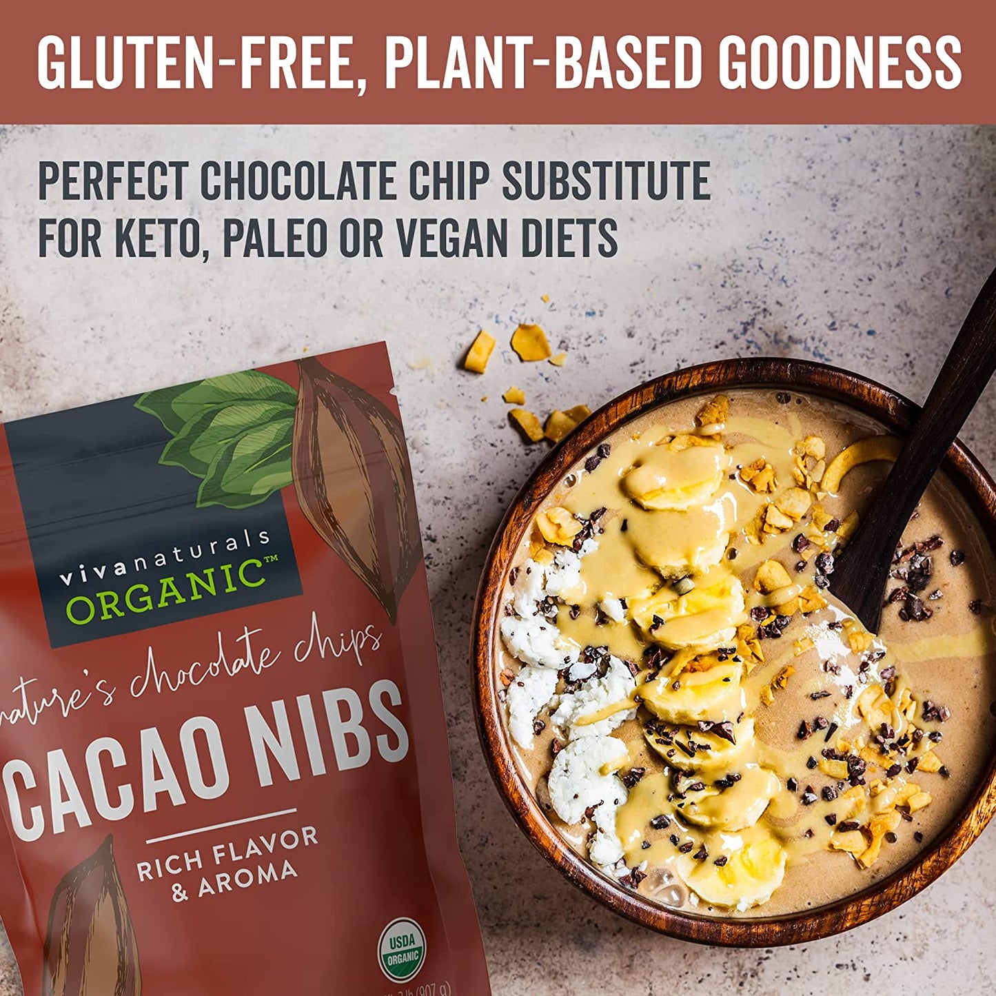 Viva Naturals Organic Cacao Nibs, 2 Lb Bag (907G) - Keto Friendly and Vegan Unsweetened Chocolate Chip Substitute, Perfect for Gluten Free Baking, Cacao Nib Smoothies and More, Non-Gmo and Gluten Free