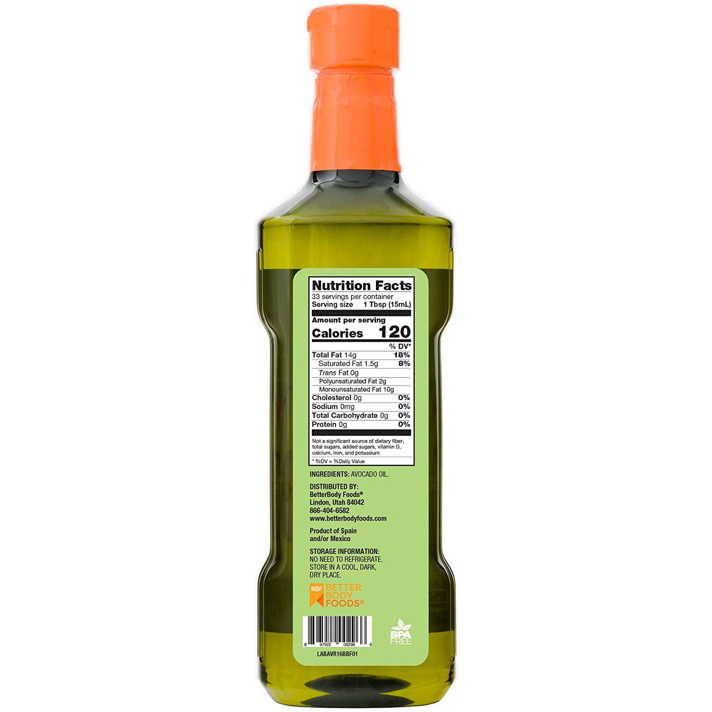 Betterbody Foods Refined Avocado Oil, Non-Gmo Cooking Oil, Kosher, Keto and Paleo Diet Friendly, for High-Heat Cooking, Frying, Baking, 100% Pure Avocado Oil, 500 Ml, 16.9 Fl Oz