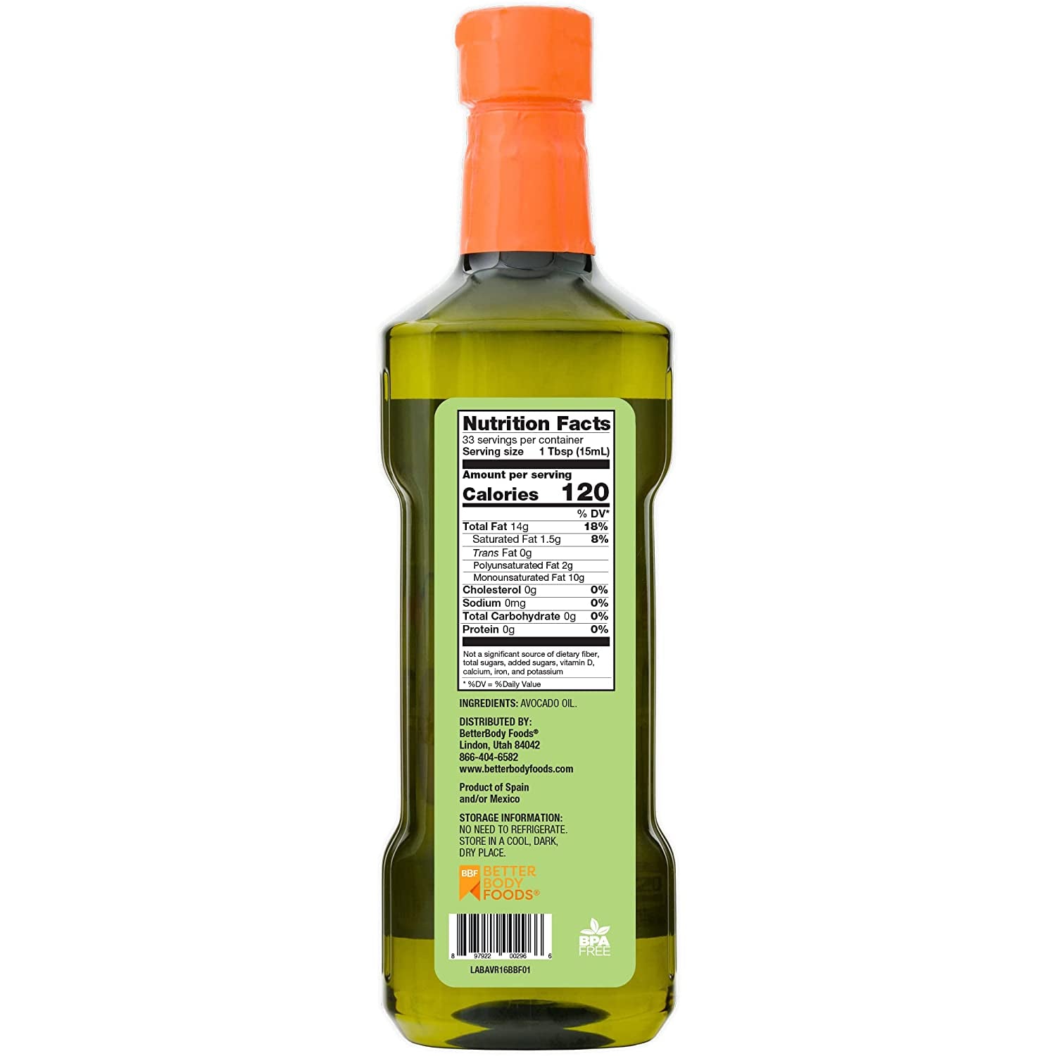 Betterbody Foods Refined Avocado Oil, Non-Gmo Cooking Oil, Kosher, Keto and Paleo Diet Friendly, for High-Heat Cooking, Frying, Baking, 100% Pure Avocado Oil, 500 Ml, 16.9 Fl Oz