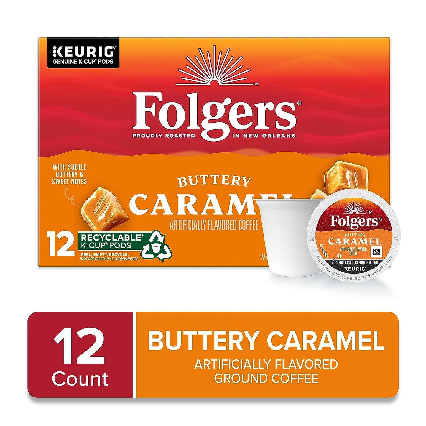 Folgers Buttery Caramel Flavored Coffee, 12 Keurig K-Cup Pods