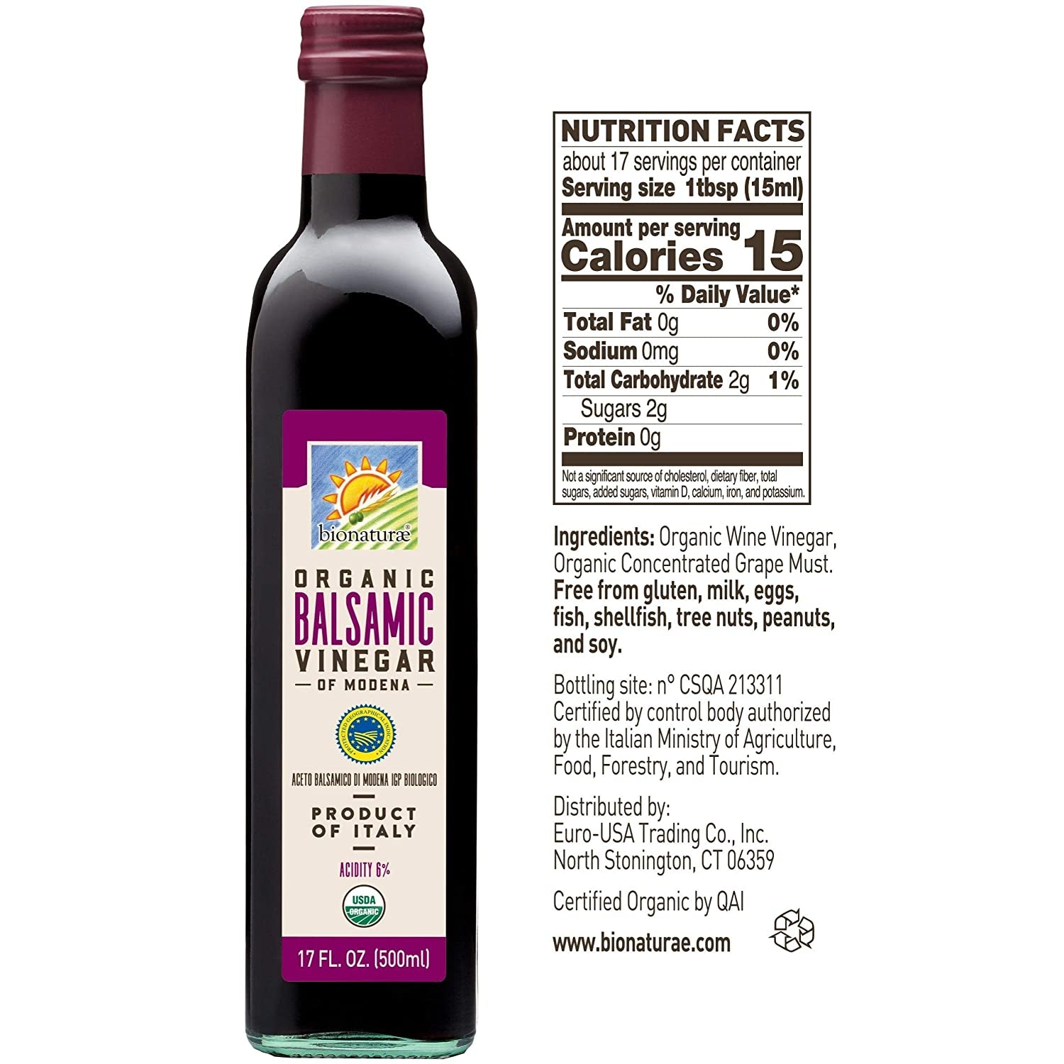 Bionaturae Vinegar Balsamic - Organic Balsamic Vinegar, Modena Balsamic Vinegar, Acidity 6%, USDA Certified Organic, Recyclable Glass, 100% Authentic Italian Balsamic Vinegar - 17 Fl Oz