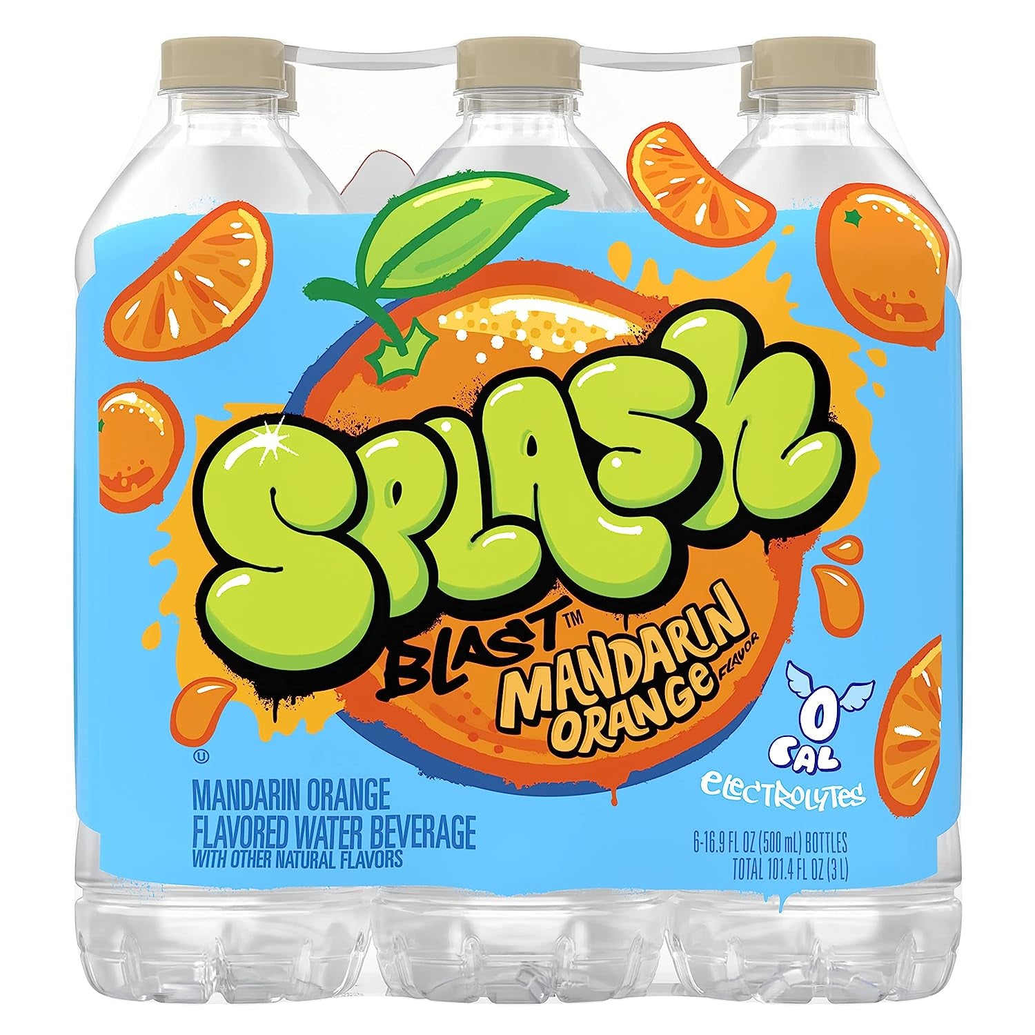 Splash Blast, Flavored Water Beverage, Mandarin Orange Flavor, 16.9 Fl Oz Plastic Bottles, 6 Pack