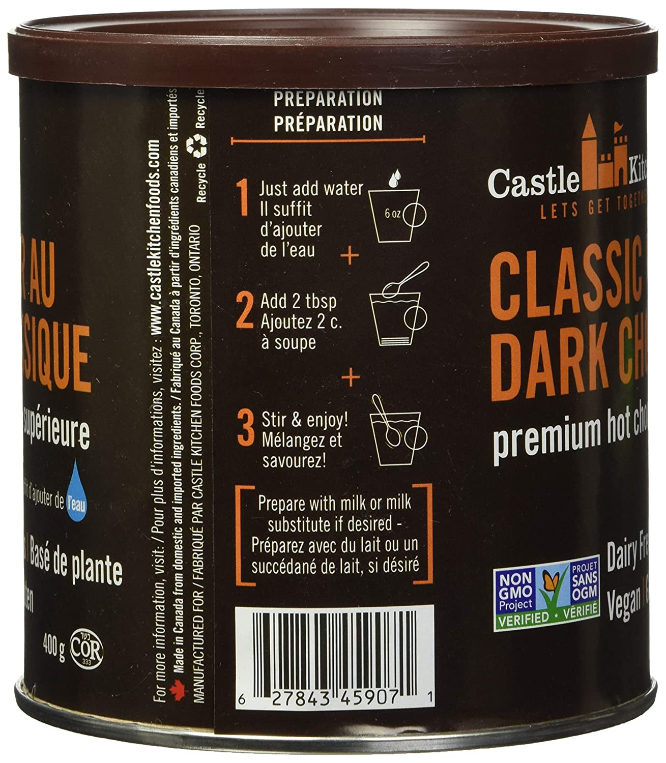 Castle Kitchen Classic Caramel Dark Chocolate Premium Hot Cocoa Mix - Dairy-Free, Vegan, Plant Based, Gluten-Free, Non-Gmo Project Verified, Kosher - Just Add Water - 14 Oz